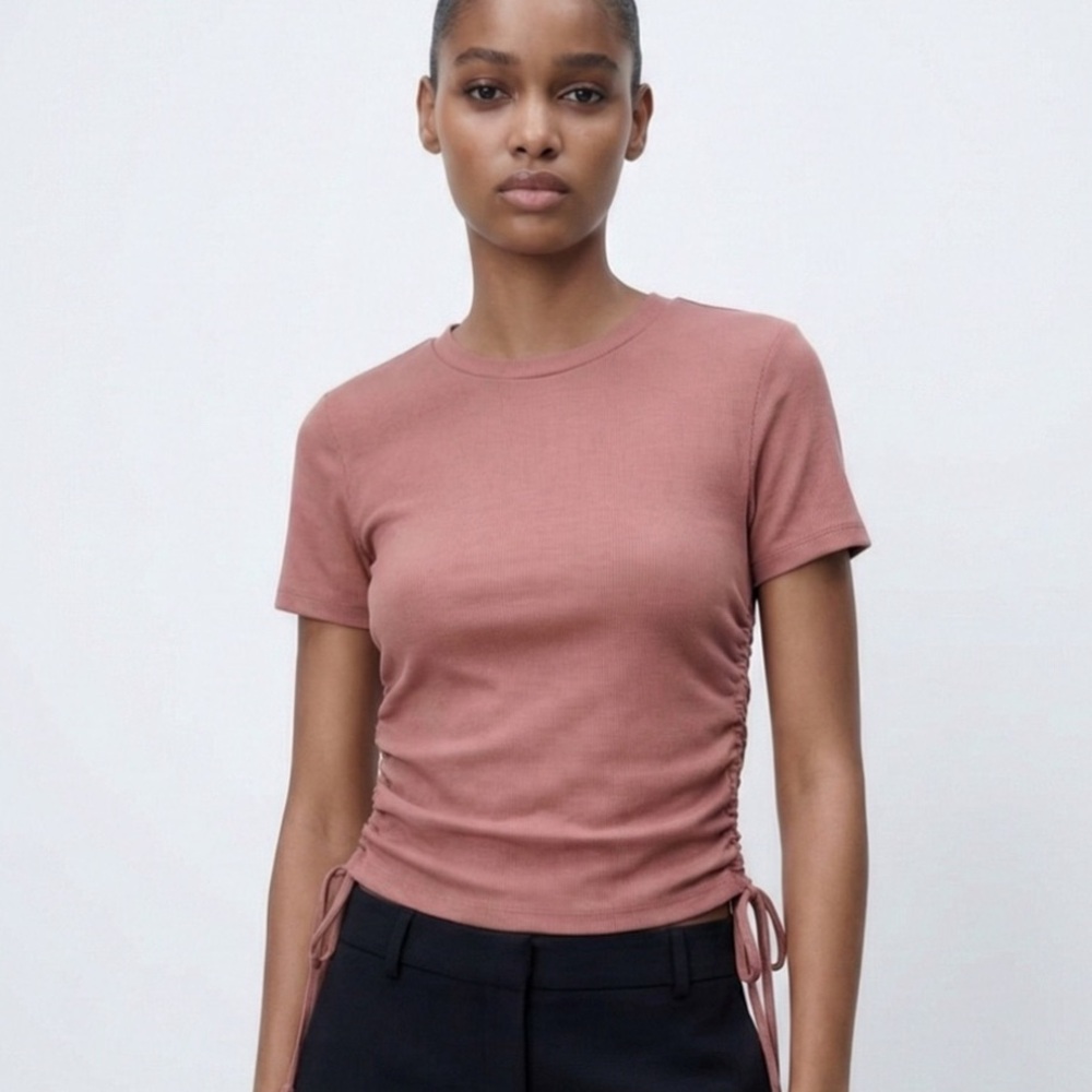 Zara Ribbed Side Drawstring Top in Dusty Rose - Small